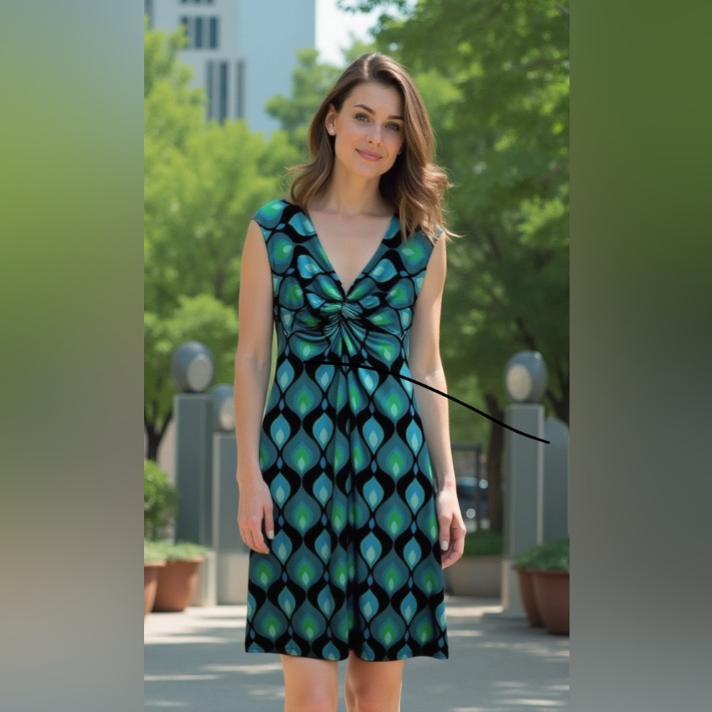 London Times Blue & Green Petite Retro Print Dress with Front Twist - Size 8P